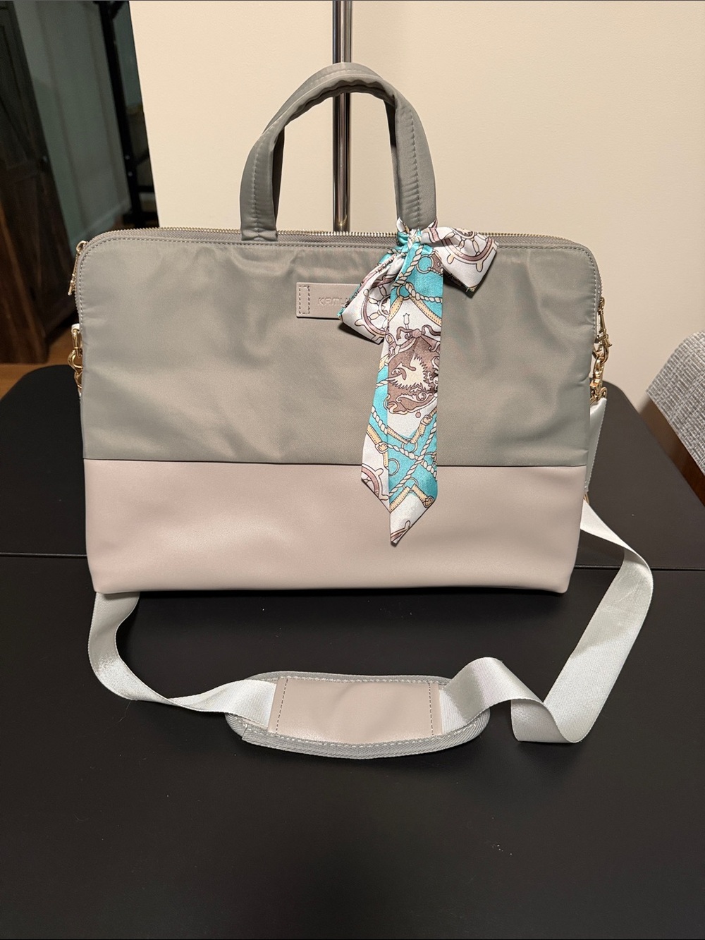 Grey & Cream Two-Tone Women’s Laptop Tote with Scarf Accent